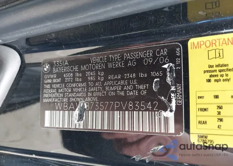 2007 BMW 335I z USA, uszkodzony, nr VIN WBAWB73577PV83542